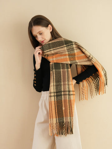 SF1320-ORANGE-Ladies classic color block sheep stick scarf