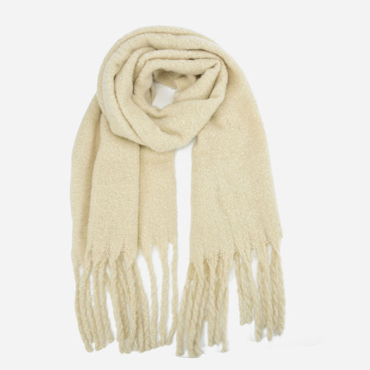 SF1321-BEIGE-Ladies fashion solid color fringed scarf
