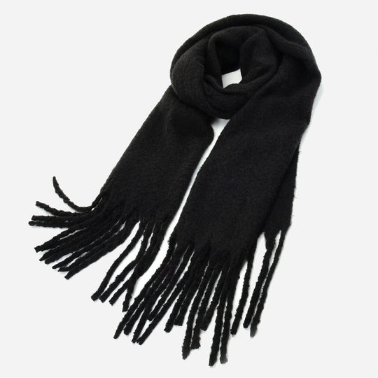 SF1321-BLACK-Ladies fashion solid color fringed scarf