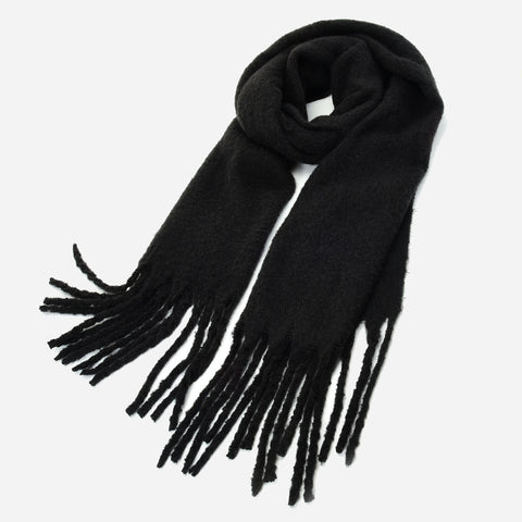 SF1321-BLACK-Ladies fashion solid color fringed scarf