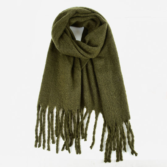SF1321-GREEN-Ladies fashion solid color fringed scarf