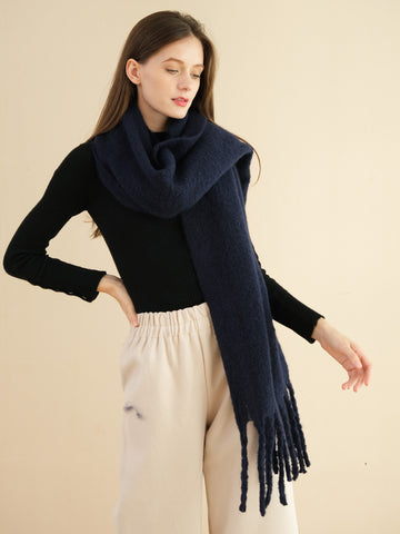 SF1321-NAVY-GREY-Ladies fashion solid color fringed scarf