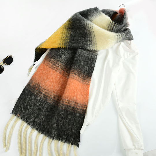 SF1322-BLACK-Women's fashion color matching thick beard scarf