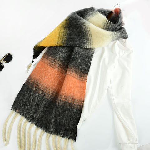 SF1322-BLACK-Women's fashion color matching thick beard scarf
