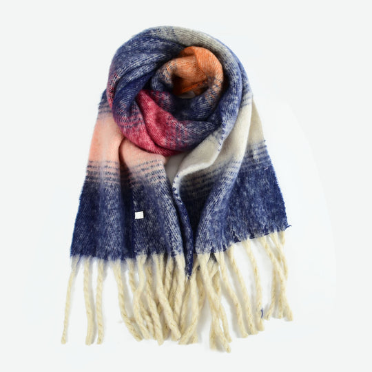 SF1322-NAVY-Women's fashion color matching thick beard scarf