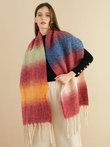 SF1322-RED-Women's fashion color matching thick beard scarf