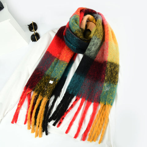 SF1323-GREEN - Ladies fashion check fringed scarf