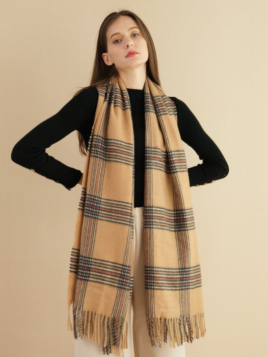 SF1325-CAMEL - Ladies fashion small plaid fringed scarf