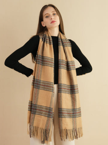 SF1325-CAMEL - Ladies fashion small plaid fringed scarf