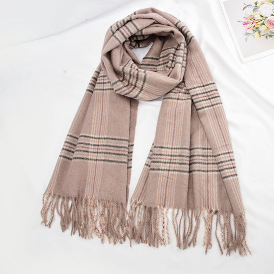 SF1325-KHAKI - Ladies fashion small plaid fringed scarf