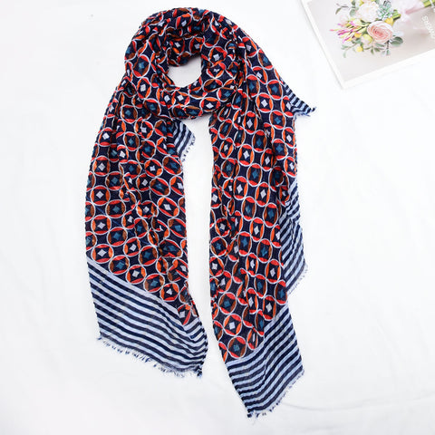SF1327-NAVY-  Ladies Fashion Crumpled Gold Silk Circle Pattern Scarf