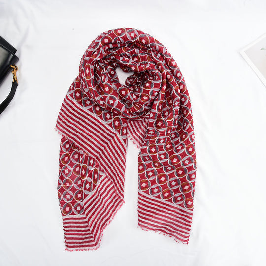 SF1327-RED-  Ladies Fashion Crumpled Gold Silk Circle Pattern Scarf