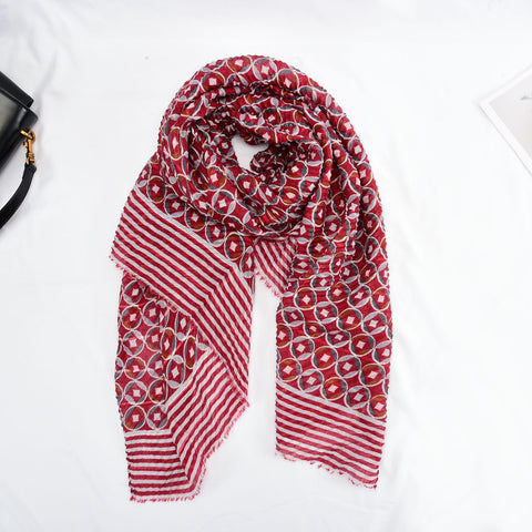 SF1327-RED-  Ladies Fashion Crumpled Gold Silk Circle Pattern Scarf