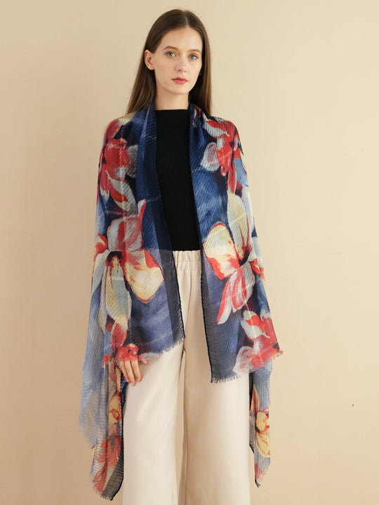 SF1328-NAVY - Ladies Fashion Crinkled Gold Silk Scarf