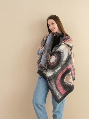 SF1331-BLK Autumn & Winter Warm Scarf With Large Circle Pattern Cashmere