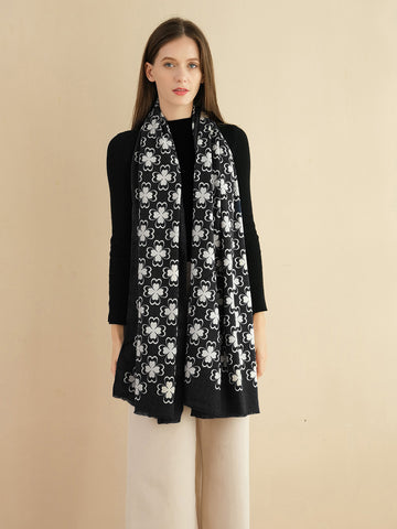 SF1332-BLK Elegant Scarf With 4-Petaled Blossoms Cashmere