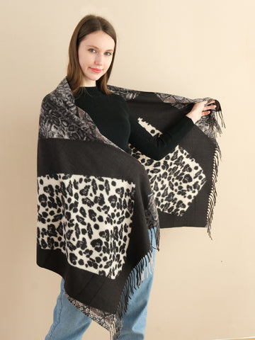 SF1338-BLK Multi Element Collocation Scarf Leopard Print & Snake Print Cashmere