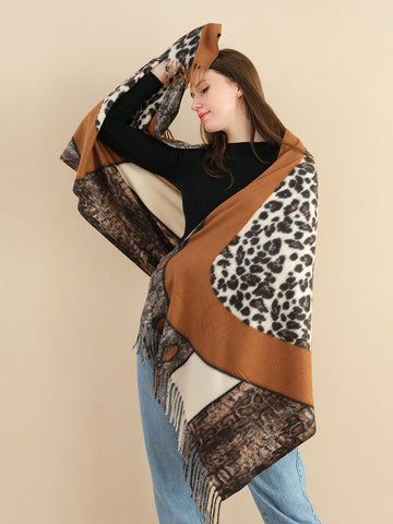 SF1338-BRN Multi Element Collocation Scarf Leopard Print & Snake Print Cashmere