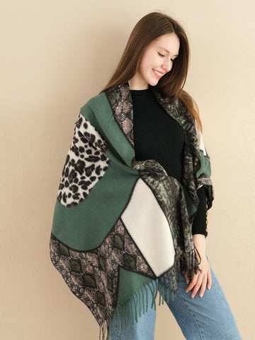 SF1338-GRN Multi Element Collocation Scarf Leopard Print & Snake Print Cashmere