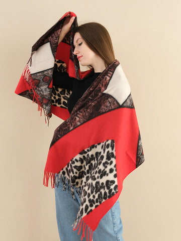 SF1338-RED Multi Element Collocation Scarf Leopard Print & Snake Print Cashmere