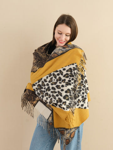 SF1338-YLW Multi Element Collocation Scarf Leopard Print & Snake Print Cashmere