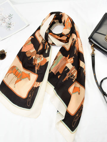 SF1385-BLK-1 Classic Design Scarf With Horses Print