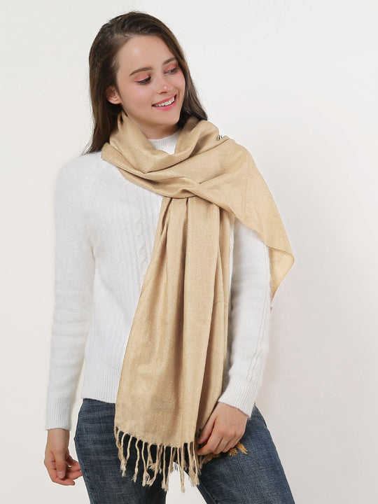 SF503-4 Beige â€“ Textured Pure Color Scarf With Tassels Ends