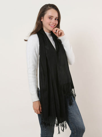 SF503-4 Black â€“ Textured Pure Color Scarf With Tassels Ends