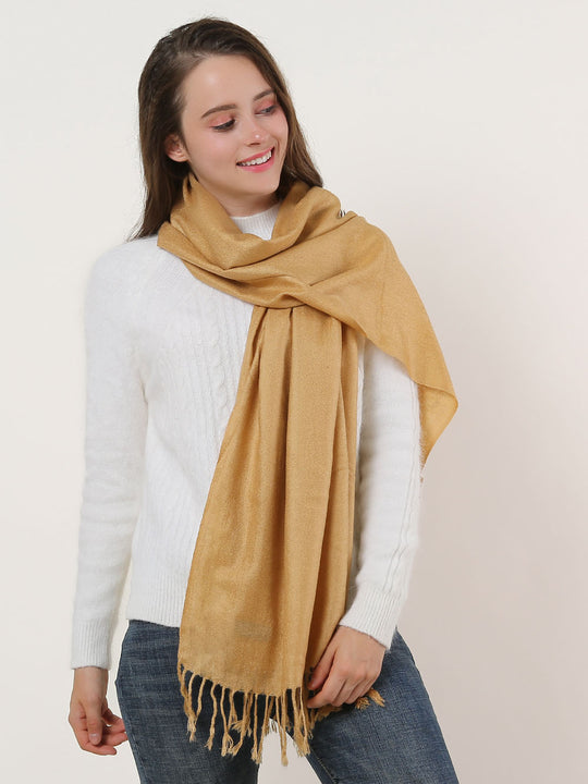SF503-4 Camel â€“ Textured Pure Color Scarf With Tassels Ends