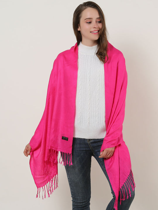 SF503-4 Fushia â€“ Textured Pure Color Scarf With Tassels Ends