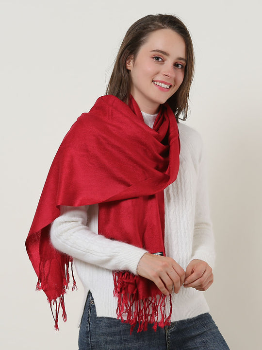 SF503-4 Purplish Red - Textured Pure Color Scarf With Tassels Ends