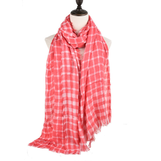 SF942 Fushia - Classic Plaid Pattern Women Tassel Scarf