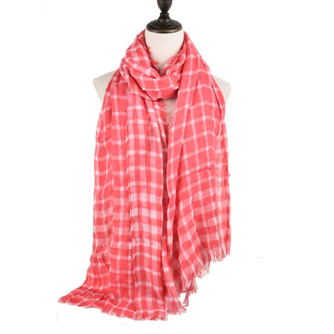 SF942 Fushia - Classic Plaid Pattern Women Tassel Scarf