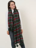 SF957-1 Green - Plaid Soft Long Scarf With Pom Pom Detail