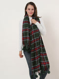 SF957-1 Green - Plaid Soft Long Scarf With Pom Pom Detail