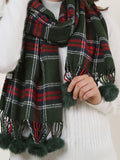 SF957-1 Green - Plaid Soft Long Scarf With Pom Pom Detail