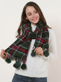 SF957-1 Green - Plaid Soft Long Scarf With Pom Pom Detail