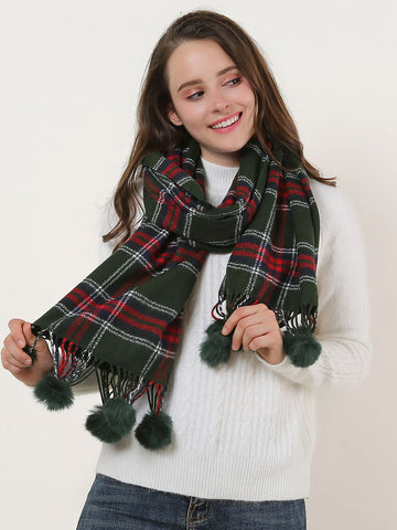 SF957-1 Green - Plaid Soft Long Scarf With Pom Pom Detail
