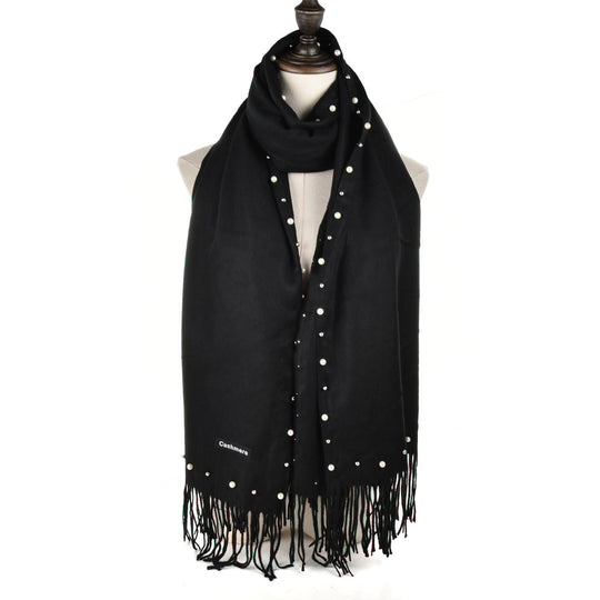SF959 Black - Plain Cashmere Pearl Scarf With Tassels