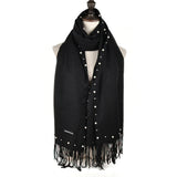 SF959 Black - Plain Cashmere Pearl Scarf With Tassels