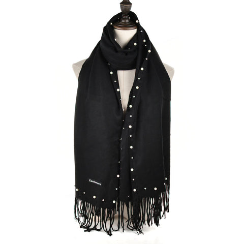 SF959 Black - Plain Cashmere Pearl Scarf With Tassels