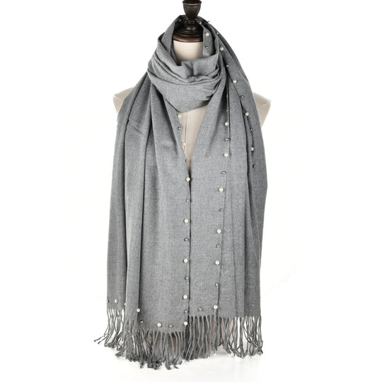 SF959 Grey - Plain Cashmere Pearl Scarf With Tassels