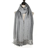 SF959 Grey - Plain Cashmere Pearl Scarf With Tassels