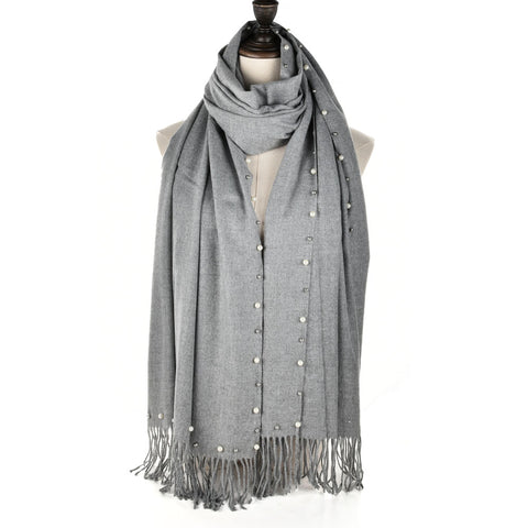 SF959 Grey - Plain Cashmere Pearl Scarf With Tassels