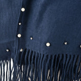 SF959 Navy - Plain Cashmere Pearl Scarf With Tassels