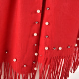 SF959 Red - Plain Cashmere Pearl Scarf With Tassels