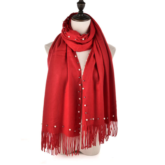 SF959 Red - Plain Cashmere Pearl Scarf With Tassels
