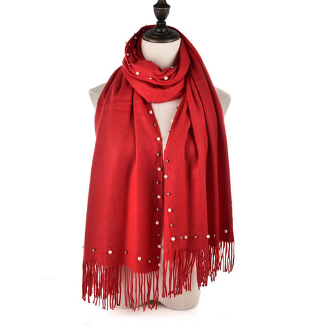 SF959 Red - Plain Cashmere Pearl Scarf With Tassels