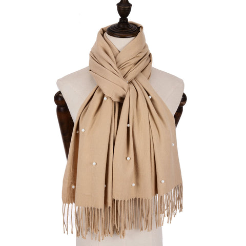 SF960-1 BEIGE - Fashion Warm Plain Pearl Tassels Scarf