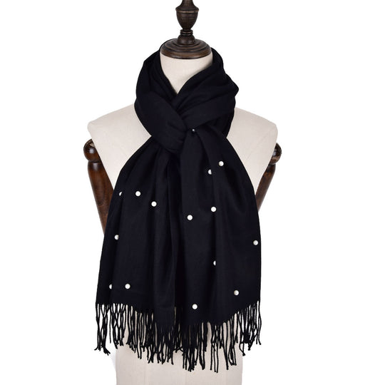 SF960-1 BLACK - Fashion Warm Plain Pearl Tassels Scarf